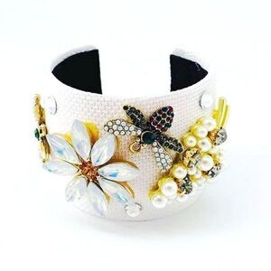 Statement Bejeweled Cuff Bracelet Pearl & Crystal Flower Bee Embellishments